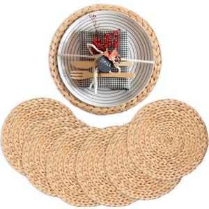 Round Placemats Set of 6, Water Hyacinth Woven Placemats for Round Table, Boho Rattan Chargers for Dinner Plates, Handmade Wicker Table Mats for Farmhouse Dining and Holiday Decor, 11.8 Inch
