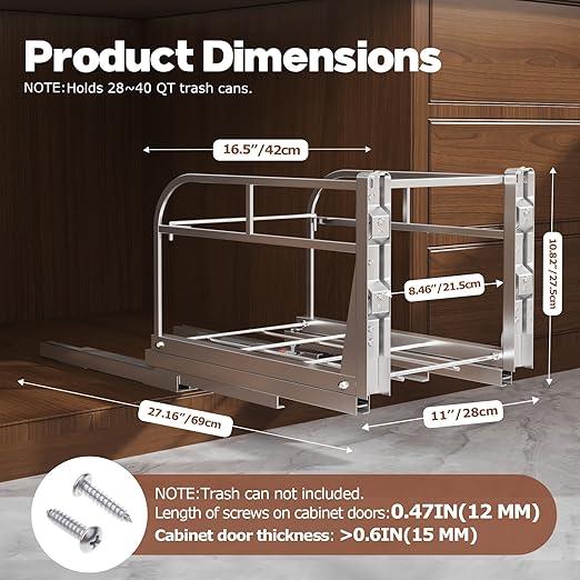 40 Qt Pull Out Trash Can Under Cabinet with Soft-Close Slides,Door Mounting Under Sink Garbage Can Slide Out Kit for Kitchen, Garbage Can Not Included, Requires Minimum Cabinets Opening 13" W X 18" D (Single-11" W x 16.5" D, Silvery)
