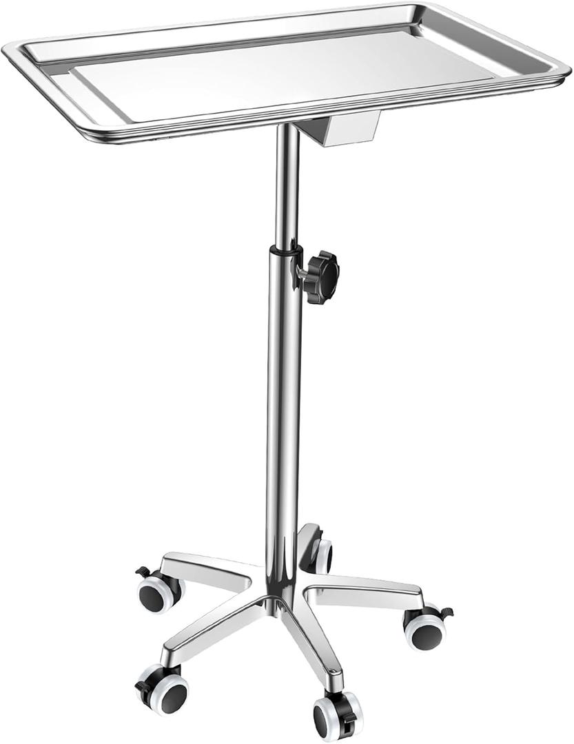 ChoJiah Extra Large Mayo Stand Rolling Salon Tray on Wheels Hairstylist Tray Heavy Duty Tattoo Tray, Ideal Use for for Hair Salon Dental Hairstylist Cart (with brake system)