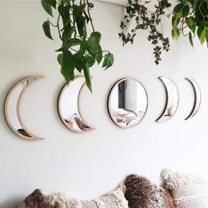 Scandinavian Decor 5-Piece Acrylic Wall Decor - Wooden Moon Phase Mirror, Bohemian Design for Living Room, Bedroom - Beige