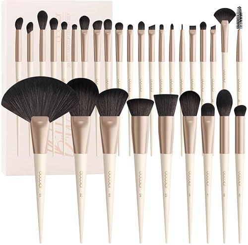 Docolor Makeup Brushes Set Professional 30Pcs Makeup Brushes Premium Synthetic Powder Kabuki Foundation Contour Blush Concealer Eye Shadow Blending Eyeliner Crease Eyebrow Make Up Brush Kit - Beige