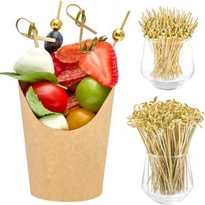 50 Sets 8 oz Small Charcuterie Cups with Sticks, Disposable Kraft Paper Charcuterie Boxes French Fry Holders Individual Appetizer Serving Cups (50 Cups + 200 Cocktail Picks)