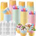 Jingmore 100 Pack Ice Cream Cups with Lids and Spoons Paper Dessert Cups Colorful Sundae Bowls Disposable Ice Cream Containers for Hot Soup Spring Summer Graduation Bar Party Supplies (6 oz)
