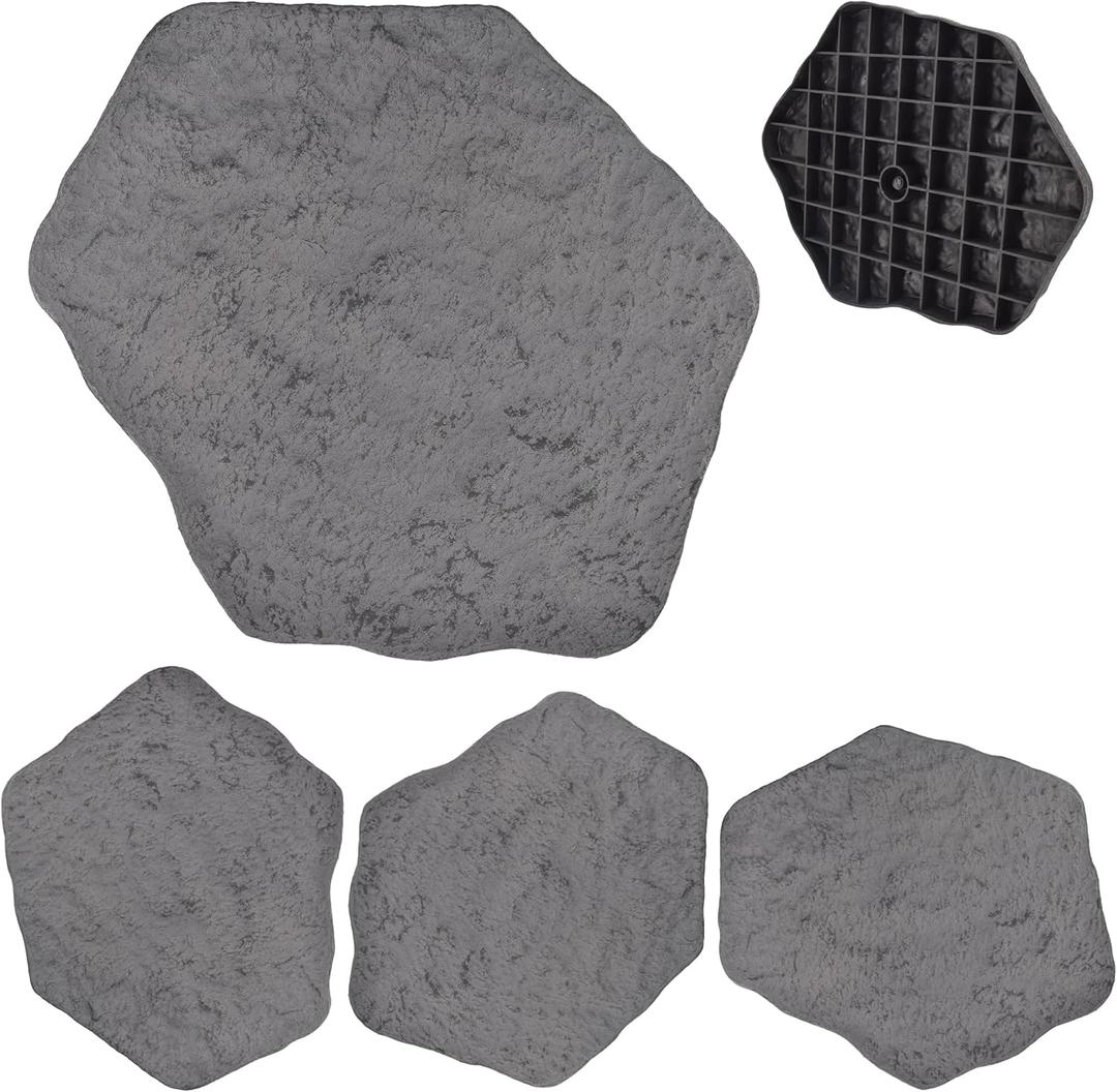 Arcadia Garden Products Set of 4, 16x17 Dark Gray Stepping Stone Fiberclay Pavers, Outdoor Garden Natural Repeatable Pattern Pathway, Faux Stone Decorative Landscaping Walkway