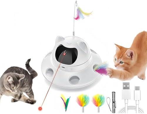 3-in-1 Cat Laser Toy & Interactive Automatic Motion-Activated Kitten Toy – 6 Holes Whack-A-Mole Feather & Moving Ambush Fun – USB Rechargeable, Apply To – Indoor Exercise for Cats of All Breeds