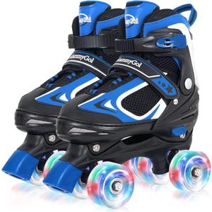 MammyGol Roller Skates for Boys Girls, Sizes Adjustable Quad Skates for Kids with All Light up Wheels, Full Protection for Toddler's Indoor and Outdoor Sports (Large - Youth (5-8US), Blue)