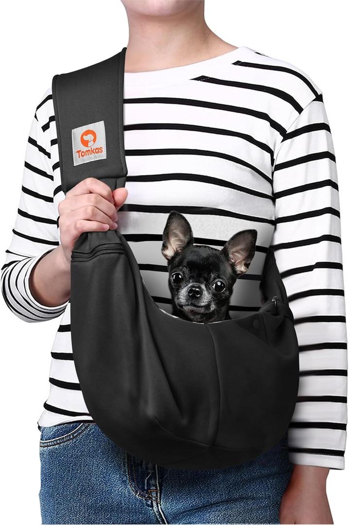 Tomkas Dog Sling Carrier - Adjustable Strap & Zip Pocket - Suitable for Dogs (Black), Size M