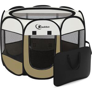 Siedihit Dog Cat Playpen, Medium Puppy Pet Playpen, Dog Crate Tent Cage Indoor/Outdoor, Portable Pop Up Dogs Kennel Playpen with Carrying Case for Dogs/Cats/Rabbits (Khaki,Medium)