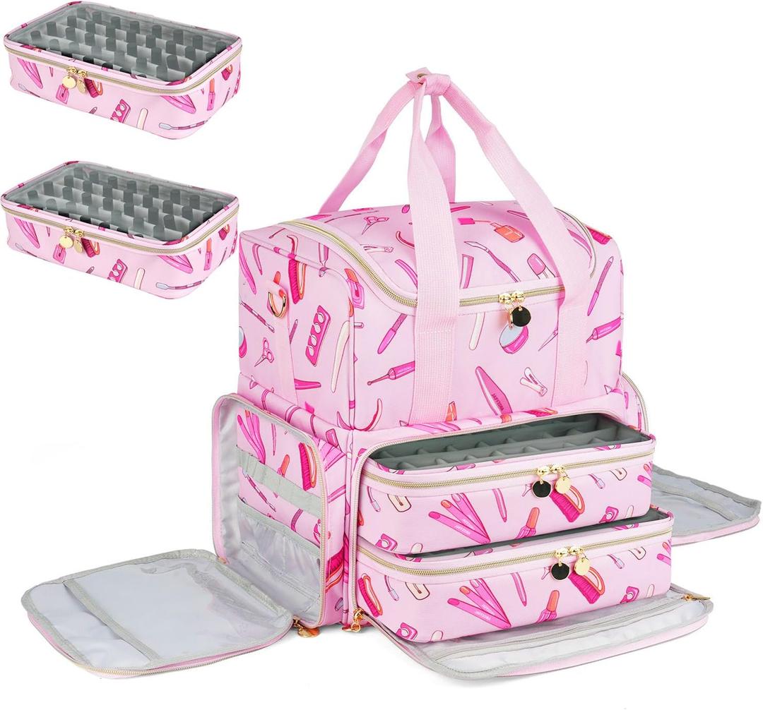 Nail Polish Organizer Case - Large Double Layer Organizers and Storage Bag for Nail Supplies and Art Tech (Pink)