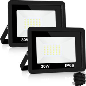 30W LED Flood Light Outdoor, LED Work Light,Floodlight Fixture with Plug in IP66 Waterproof, 6500K 2 Pack Security Light for Yard Garden Stadium Garage Playground