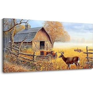 JEAWA Large Framed Canvas Painting - Watercolor Landscape Wall Decor, Country Picture with Wooden House and Green Trees, Cow Art Prints for Bedroom Living Room Home Decoration, 29x58 IN (58L" x 29W")