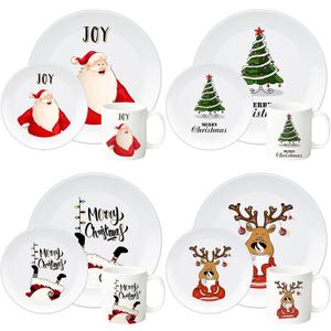 12 Piece Christmas Melamine Dinnerware Set for 4 Guest, 10" Dinner Plates, 8" Salad Plates, 9 oz Mug Shatterproof Xmas Dishes Gift for Home Party Festive Holiday Celebrations
