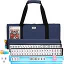 American Mahjong Tile Set,166 White Tiles Complete Mahjong Kit with Blue Carring Bag, 4 All-in-One Rack/Pushers 2 Mahjong Tile Tray with Lids, American Mahjong Set with Blue Carrying Bag