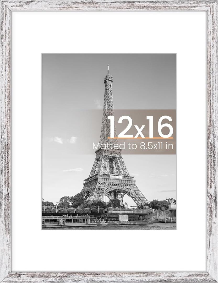 upsimples 12x16 Picture Frame, Display Pictures 8.5x11 with Mat or 12 x 16 Without, Wall Hanging Poster Frames, Rustic White, 1 Pack