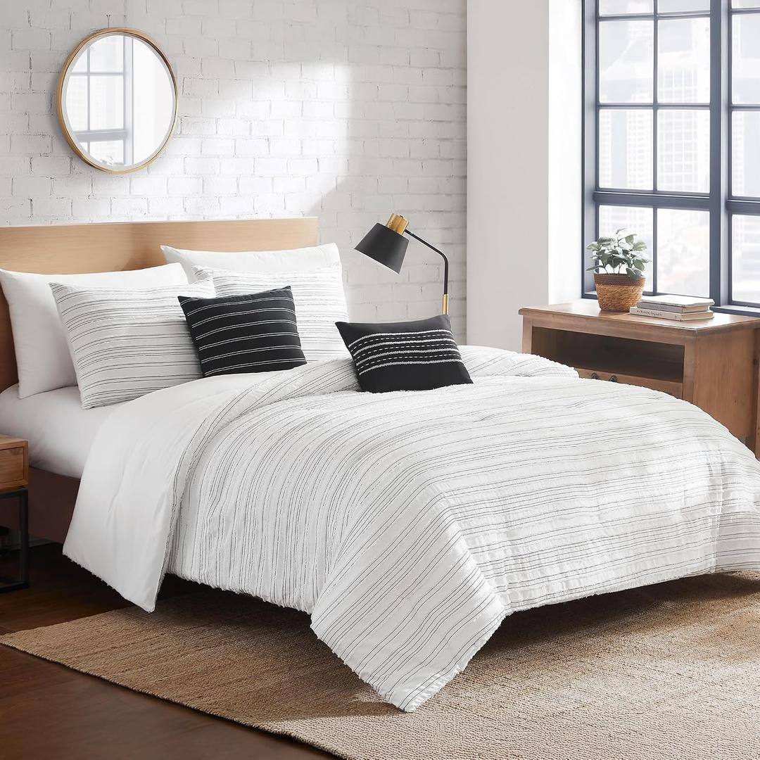 Modern Threads Dixie White Jacquard Comforter Set – 5 Piece Textured Bedding with Decorative Pillows & Shams, Soft All Season Farmhouse Bed Set, Bright White with Graphite Stripes, King