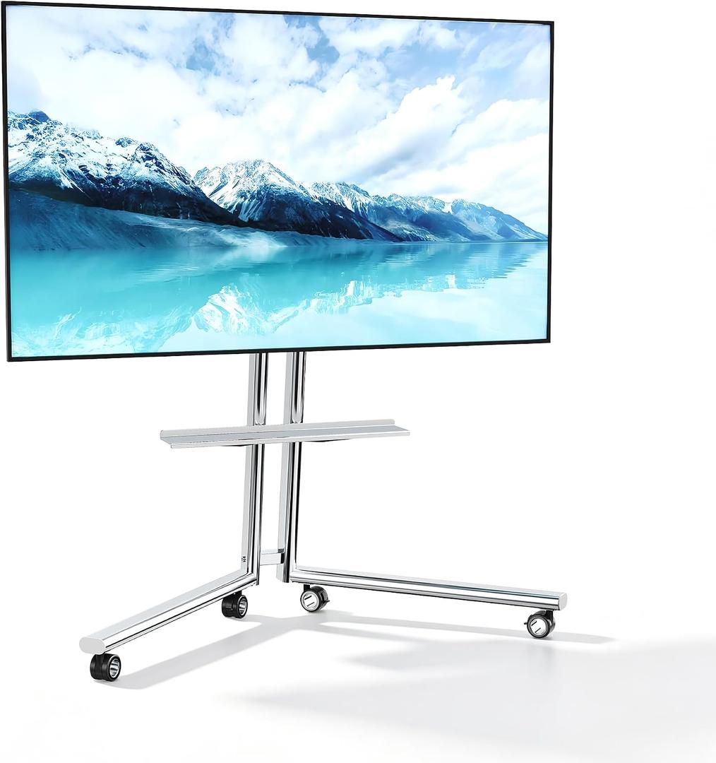 Easel Rolling TV Stand with Shelf Minimalist Stainless Steel for 32-75" TVs