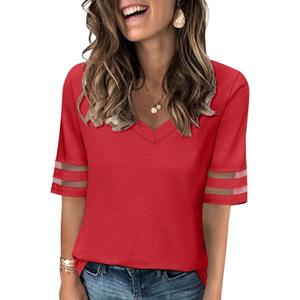 TICTICMISS Women's V Neck T Shirts Mesh Panel Short Sleeve Tops Casual Summer Tees (Red, M)