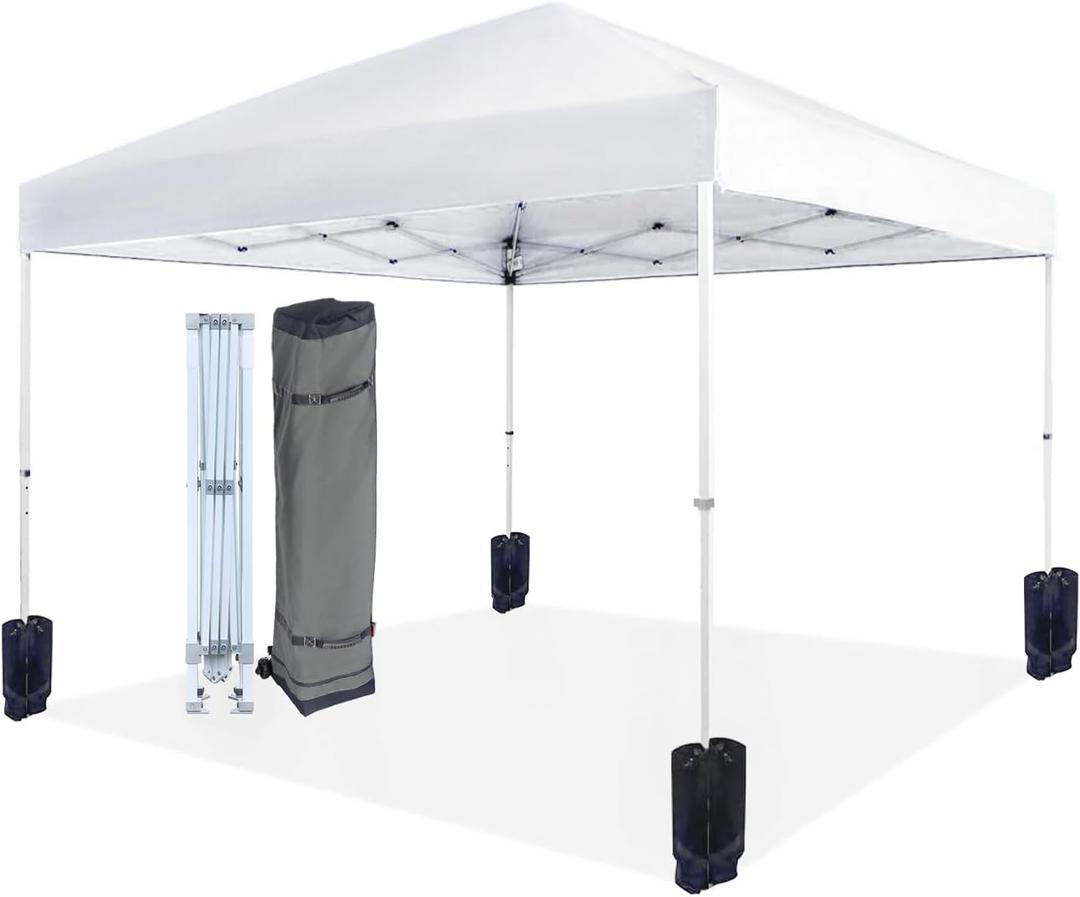 Amazon Basics Outdoor Pop Up 10 x 10 Canopy Tent for Events, Portable with Instant Easy Setup, One-Push, Includes Wheeled Carry Bag, 8 Stakes, 4 Ropes, 4 Weighted Bags, White