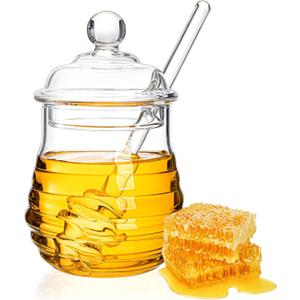 Lawei Glass Honey Jar with Dipper and Lid, 10 OZ Heat-Resistant Bee Hives Honey Pot, Clear Glass Honey Container for Store Honey and Syrup, Home and Kitchen, Easy to Clean, Dishwasher Safe