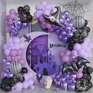 Halloween Balloon Garland Arch Kit, 154pcs Metallic Dusty Macron Purple and Black Balloon with Witch Hat Bat Striped Foil Balloons for Halloween Vampirina Nightmare Prom Horror Themed Party Decoration