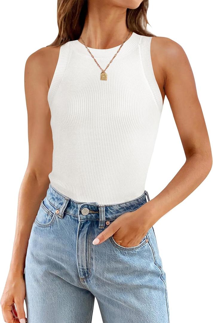 ZESICA Womens Summer Sleeveless Tank Tops Ribbed High Neck Racerback Slim Fitted Color Block Casual Shirts (Small, Cream)