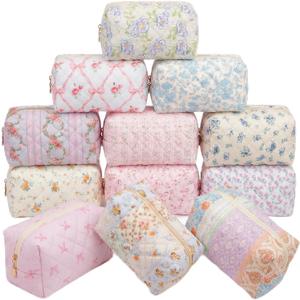 Qinyoung 12 Packs Quilted Makeup Bag Bulk Flower Theme Toiletry Cosmetic Pouch Aesthetic Makeup Organizer Travel Floral Emergency Bag with Zipper for Bridesmaid Gifts, Daily Use