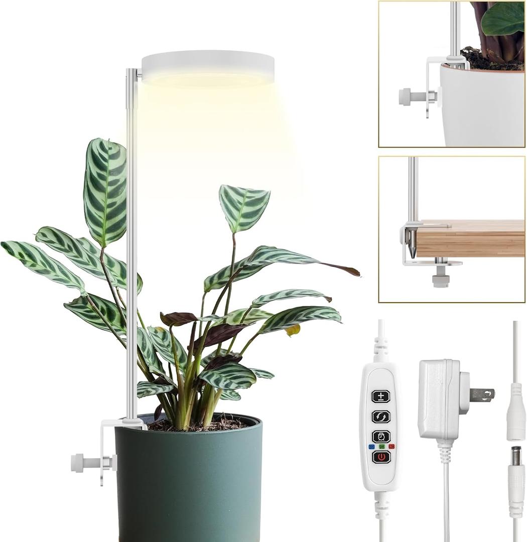 GLOWRIUM Grow Lights for Indoor Plants, Full Spectrum LED Grow Light Floor Lamp with Stand Adjustable Height and Angle, Black Plant Light with 3/9/12H Grow Light Timer (White, 6W)