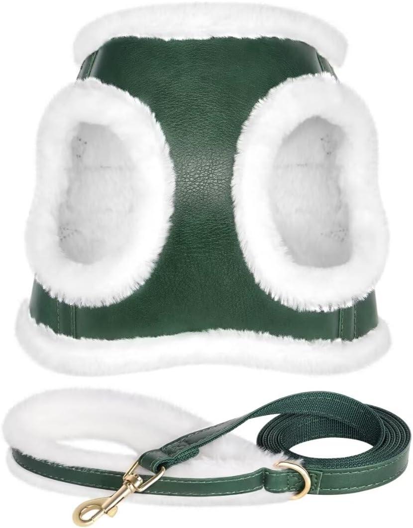 Beirui Leather Small Plush Padded Puppy Harness and Leash Set, Winter Warm Step In No Chock No Pull Adjustable Dog Harness for Extra Small Dogs, Green (XS,Fit 6-10 lbs)