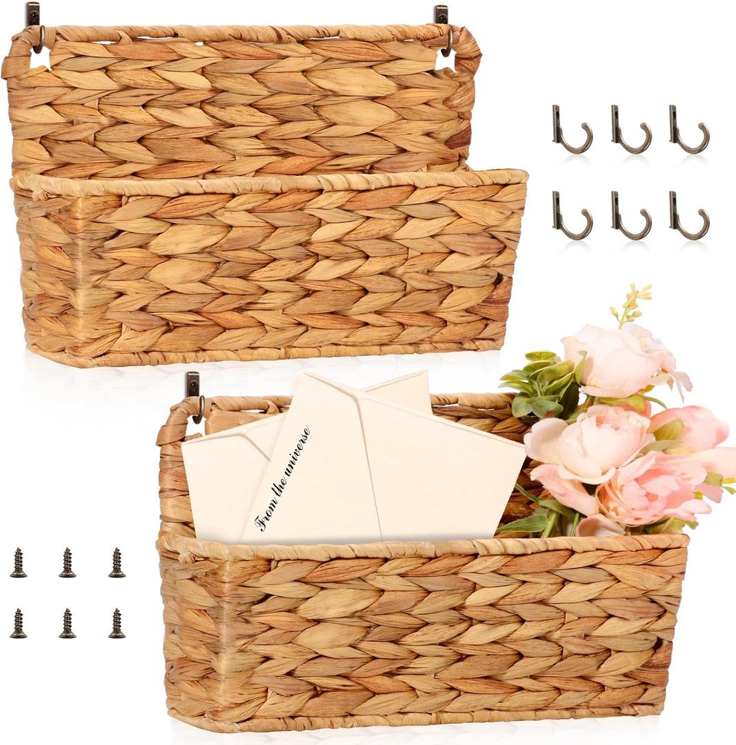 2 Pcs Woven Mail Holder Wall Mount Basket Rattan Wall Letter Holder Wicker Hanging Magazine Rack Water Hyacinth Magazine Basket 9.25x1.57 Inch Hanging Storage Basket with Hooks for Envelope Office