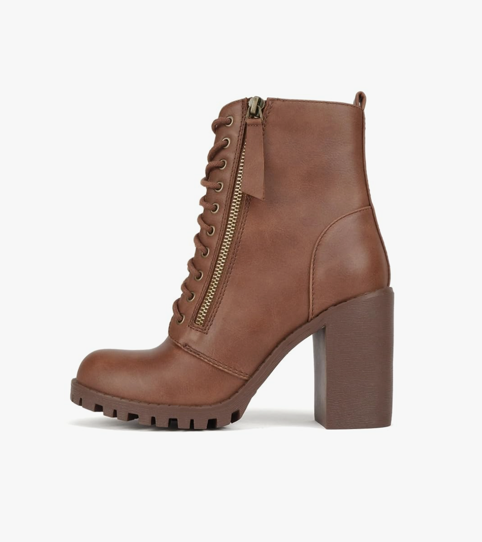 Soda Malia Round Toe Stacked Lug Heel Lace Up Ankle Booties, 7, Cognac Pu