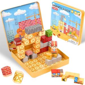 Maginoo 49PCS Mini Magnetic Blocks Construction Set – STEM Building Toys for Toddlers, Travel Magnet Cubes with Portable Iron Box, Creative 3D Construction Play for Kids Ages 3–8, Boys & Girls