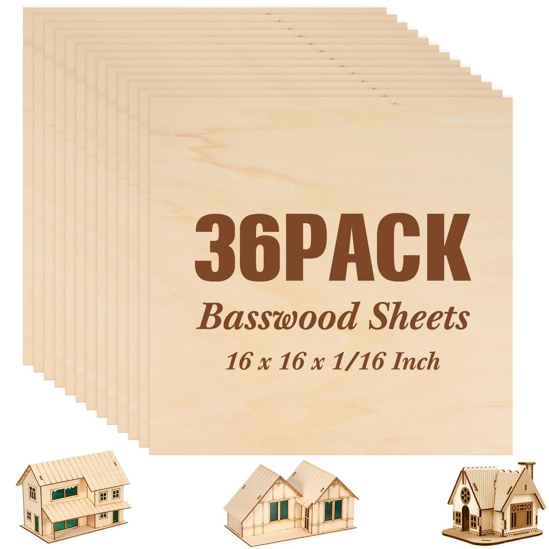 Riakrum Basswood Sheets Plywood Board Unfinished Wood Boards for Crafts for DIY Laser Projects Architectural Mini House Building Hobby Model Making(16 x 16 x 1/16 Inch,1)
