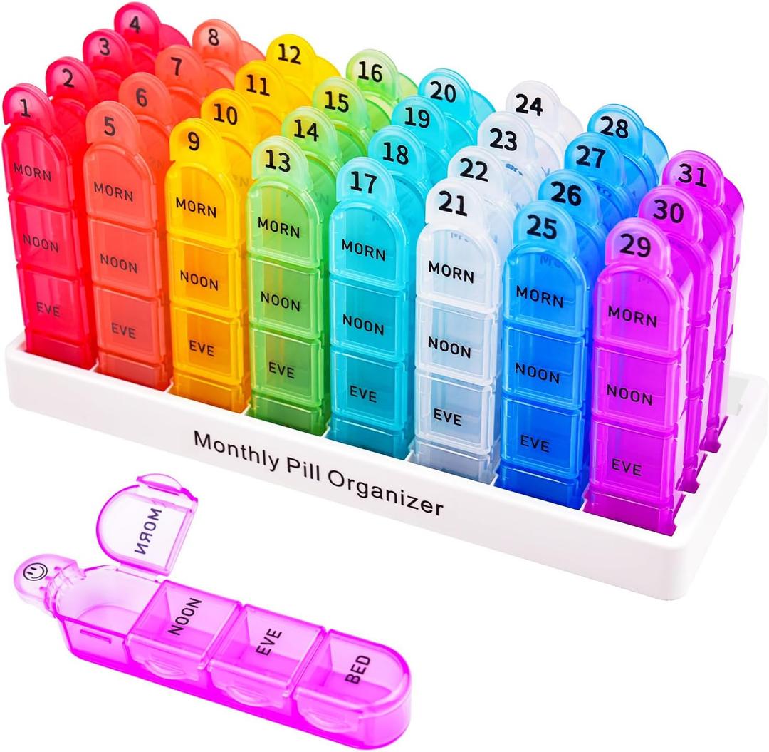 Cruxer Monthly Pill Box Organiser 4 Times a Day, Daily Travel Pill Boxes, Medicine Storage Box, Pill Dispenser 1 Month 32 Compartments, Tablet Organiser to Hold Vitamins, Fish Oil, Supplements