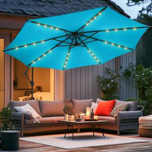 wikiwiki 10ft Solar LED Offset Hanging Market Cantilever Patio Umbrella for Backyard, Poolside, Lawn and Garden, Easy Tilt Adjustment, Polyester Shade & Cross Base, Sky Blue