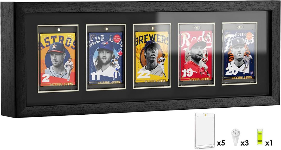 Baseball Card Display Case, Wall Mount Trading Card Display Frame for 5 Standard Cards with UV Protection Magnetic Card Holder, Sports Display Cases for Football Basketball Hockey Card Collection