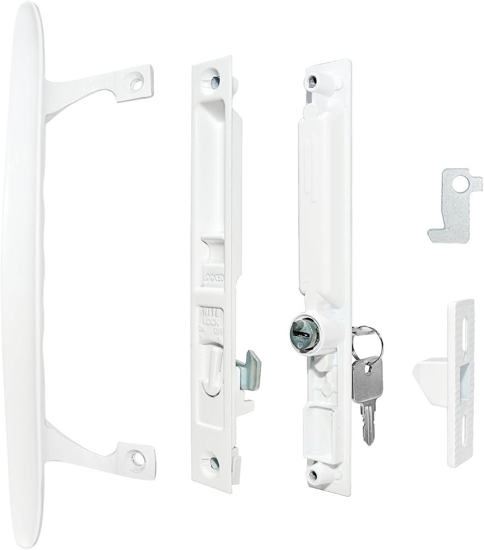 Flush Mount Sliding Glass Door Handle Set, 6-5/8" H.C., Patio Door Night Lock & Hook Latch Replacement, Fits 1" to 1-1/8" Thick Doors, Non-Handed, White keyd (Keyed)