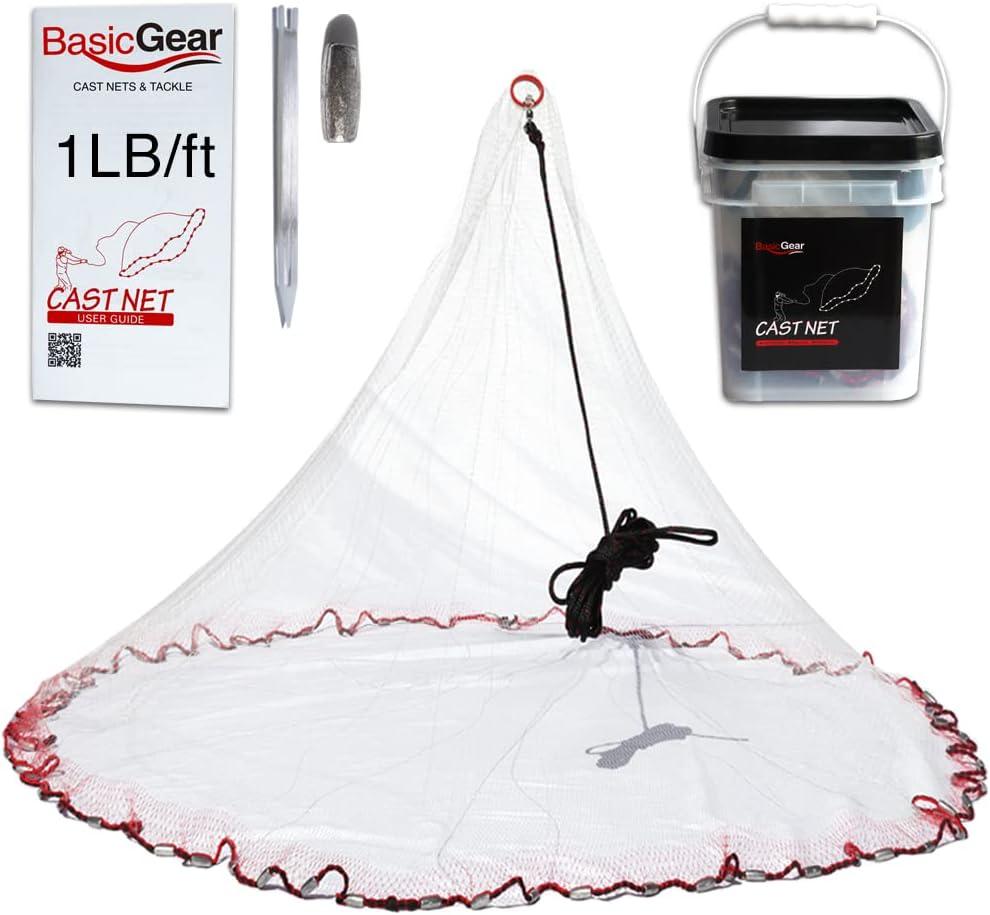BasicGear Cast Net, Lead, 10ft Radius, 3/8 in Mesh, 1lb, for Bait Fish