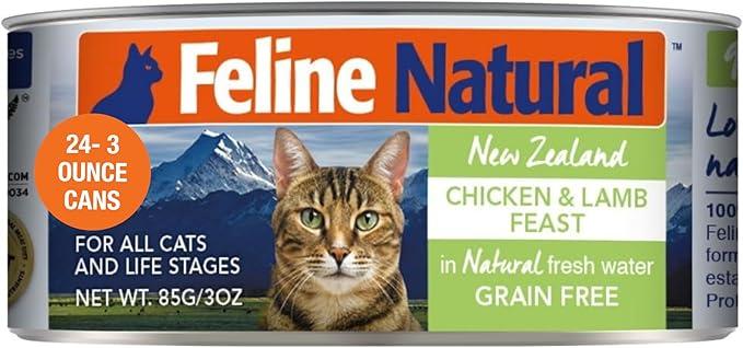 Feline Natural New Zealand Canned Catfood Wet Food, High-Meat, Low-Carb, & Grain Free Cat Food Wet, Chicken & Lamb, Feast, 3 oz, Pack of 24, Best Before: May 1, 2027