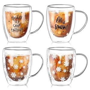 Layhit 4 Pcs Christmas Glass Coffee Mugs, 12 oz Glass Double with Handle Clear Holiday Styles Cups Iced Coffee Mugs Christmas Gift for Hot Chocolate Milk Beverages(Snow)