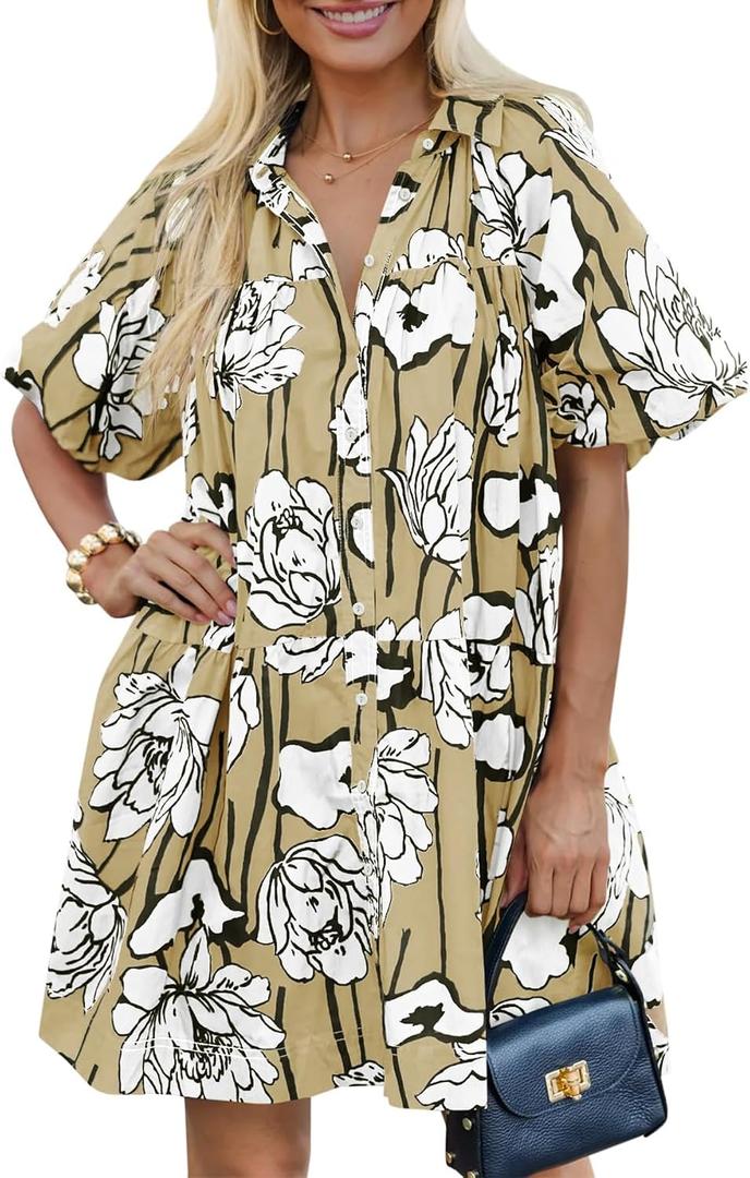Women's Summer Short Puff Sleeve Floral Dress Button Down Loose Fit Casual Shirt Dresses (M)