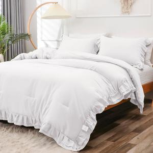 YOZEN White Double Ruffle Comforter Set Queen Size (90x90 Inch), 3 Pcs Farmhouse Vintage Comforter Set (1 Ruffled Comforter and 2 Pillowcase), Rustic All Season Down Alternative Bedding Set 