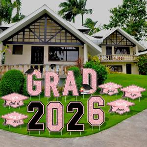 Aneco Waterproof 2026 Grad Yard Signs Plastic Graduation Yard Signs Party Outdoor Lawn Decorations 16 Inches Glitter Congrats Grad Lawn Sign with Stakes for Outdoor Party Garden Decor (Pink)