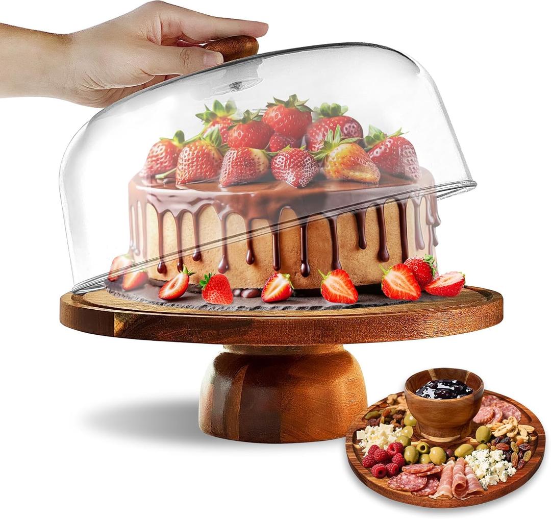 Acacia-Cake-Stand Charcuterie Board With Acrylic Lid, 2-in-1 Wood Cake Holder With Cover, Round Cake Plate with Dome For PartyDessert Table Display Stand For Cheese, Chips & Dips, Nachos, Fruit Platter