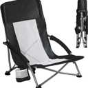 DUMOS Low Beach Chair for Adults, Lightweight Folding Beach Chair with Cup Holder, Storage Bag, Breeze Mesh Back, Padded Armrests, Compact Low Profile Chair for Camp, Picnic, Lawn, Sand