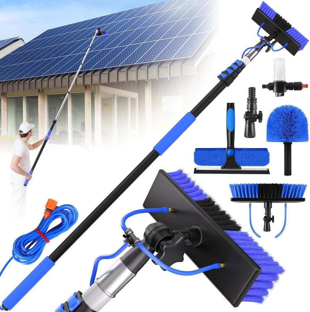 Water Fed Pole Kit,Solar Panel Cleaning Brush and 20Ft Extension Pole,Window Cleaning Pole Kit for High Windows Cleaning,Cleaner Tool with 2 in 1 Window Squeegee and Cobweb Duster