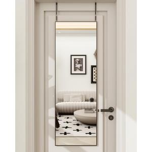 BEAUTYPEAK 14" x 48" Adjustable Height Over The Door Mirror, Rectangular Full Length Hanging Door Mirror with Shatterproof Tempered Glass Aluminum Alloy Frame for Dormitory, Black