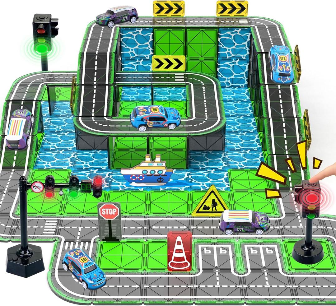 Magnetic Tiles Road Set with Pullback Car & Magnet Ship,Traffic Themed Magnetic Building Tiles Set with Traffic Light,STEM Magnet Tile for Kids Ages 3-7, Preschool Educational Kids Toys Gifts