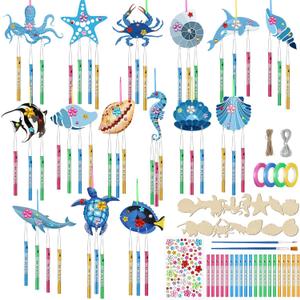 128 Pcs Summer Ocean Wind Chime Making Kit Make Your Own Sea Animals Wind Chime Wooden Ocean Animals Arts Ornaments for DIY Crafts Activity Birthday Summer Party Decoration