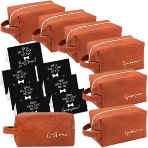Amylove 7 Sets Man Gifts Men Toiletry Bag for Men Wedding Proposal Gift for Best Man PU Leather Cosmetic Bags with Zipper Bowknot Greeting Card Wedding Toiletries Accessories(Brown)