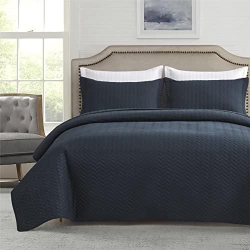 Maple&Stone Quilt Set Queen Size, Lightweight Navy Bedspread Ultrasonic Chevron Pattern Light Coverlet for All Season Comforter Bedding Decor - 3 Piece Full Bed Cover Sets